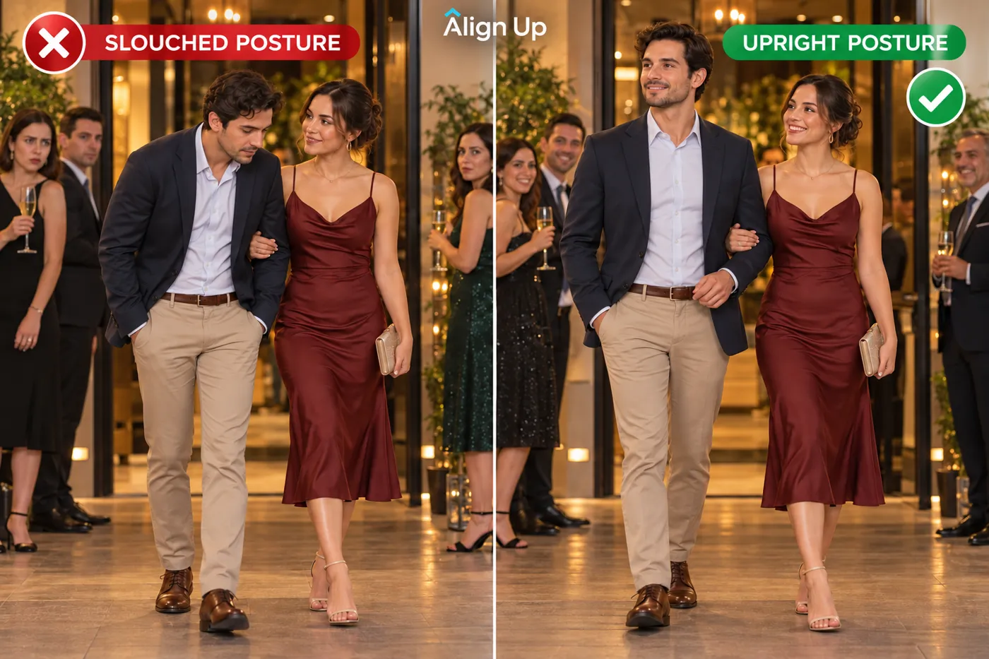 Side-by-side: a man slouching at an evening event versus standing upright and confident next to his partner