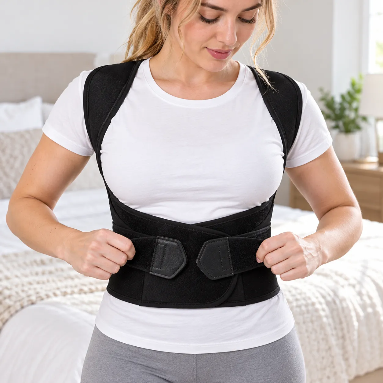 Woman easily fastening the front hook-and-loop closure of her AlignUp over a T-shirt