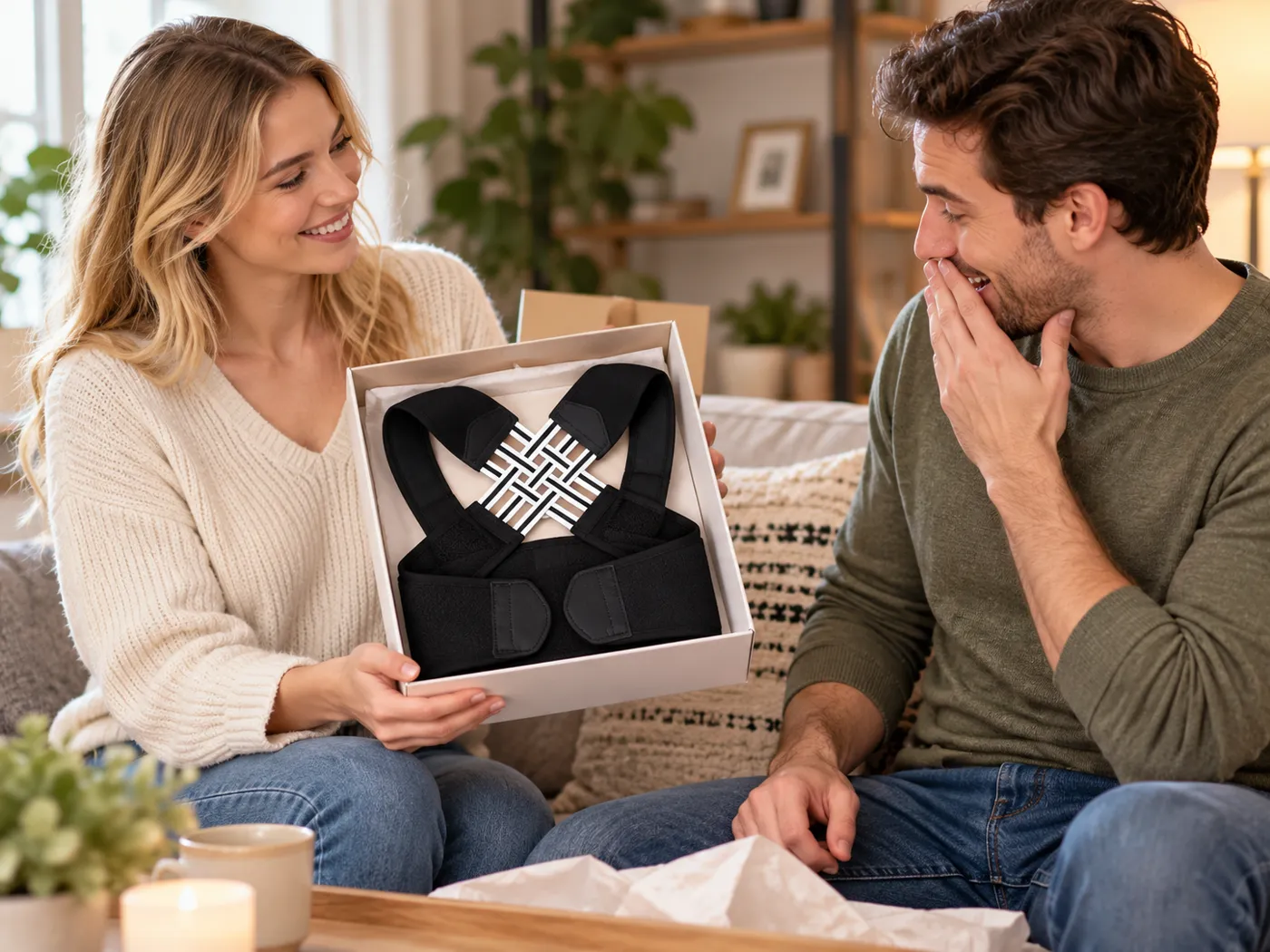 Woman giving a boxed AlignUp posture corrector as a gift to a delighted man