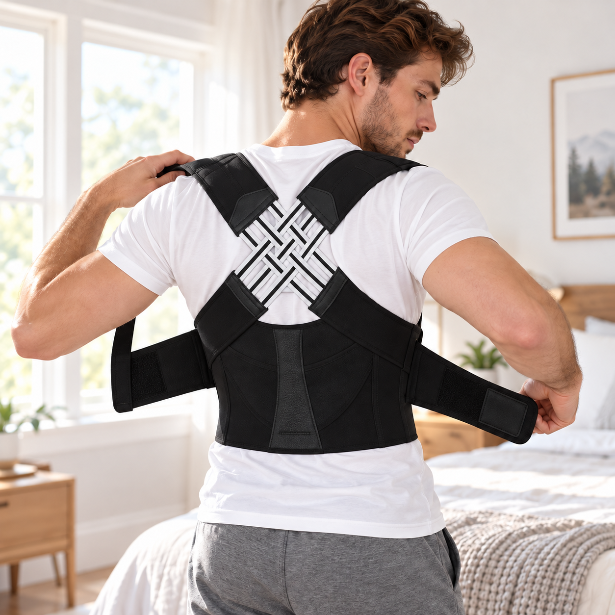 Man fastening the AlignUp posture corrector, showing the cross-back straps pulling the shoulders back